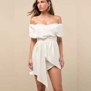 NWT LuLu’s Always Celebrating Ivory Satin Off Shoulder Mini Dress S